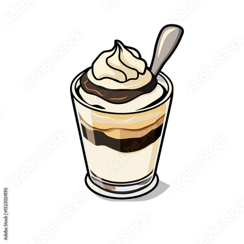 Chocolate parfait illustration, dessert art, creamy layers, indulgent treat, sweet flavor, copy space