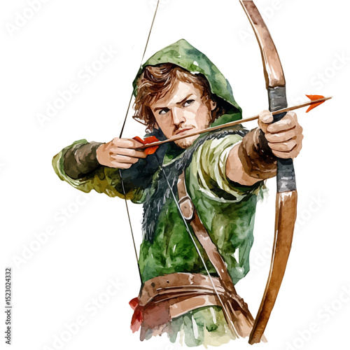 Robin Hood English Folklore, watercolor vector, high quality, isolated on a white background.