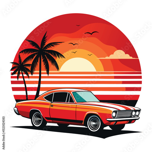 A classic red vintage car on the beach, a timeless symbol of travel and adventure
