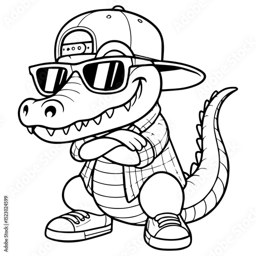 Cool Alligator Cartoon A cool alligator cartoon character, wearing sunglasses, a cap, and a plaid shirt, sitting with arms crossed.  The character is depicted in a black and white line drawing style.