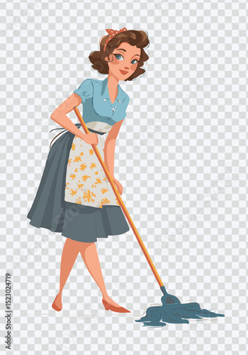 Retro Housewife Mopping – Vector Cartoon Sticker Design