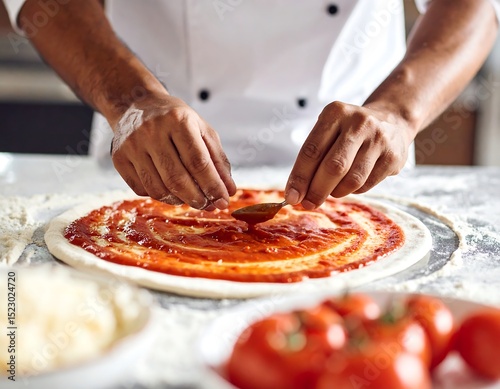 Chef spreading sauce on pizza dough