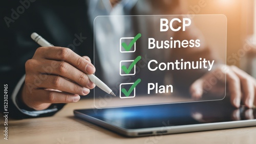 Business continuity planning checklist in digital corporate environment, symbolizing strategic corporate planning, preparation for crises, and risk management in companies.