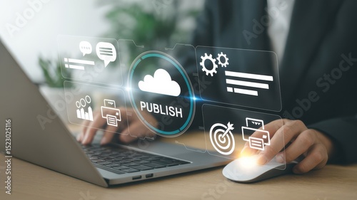 Person interacting with digital interface to publish online content. Digital publishing, online content creation, productivity tools, modern workspace technology.