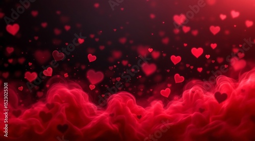 Romantic red hearts floating in smoky clouds