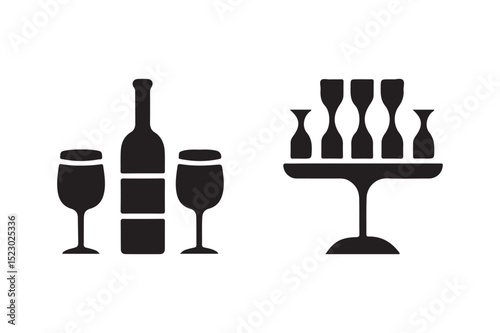 Drinks and Barware Icons Wine Bottle, Glasses, and Serving Stand