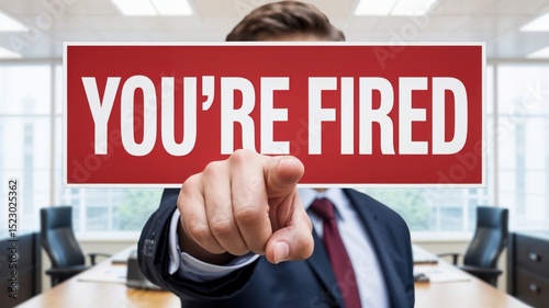 Executive pointing at red dismissal sign with “YOU’RE FIRED” message. Job dismissal, authority, executive decision, workplace consequences, termination moment.