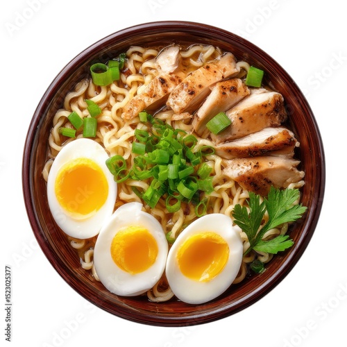 Bowl of chicken ramen with eggs isolated on white background