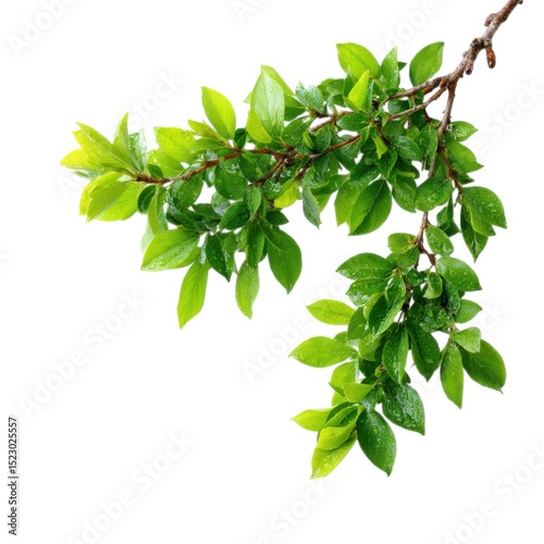 Green leaves on a branch isolated on white background