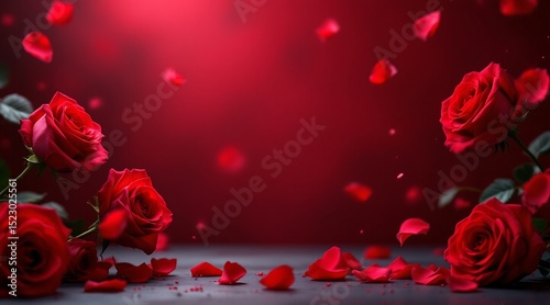 Romantic red roses and falling petals on dark background