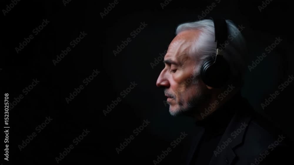 Senior Caucasian man listening to music with headphones, deep in thought, on dark background