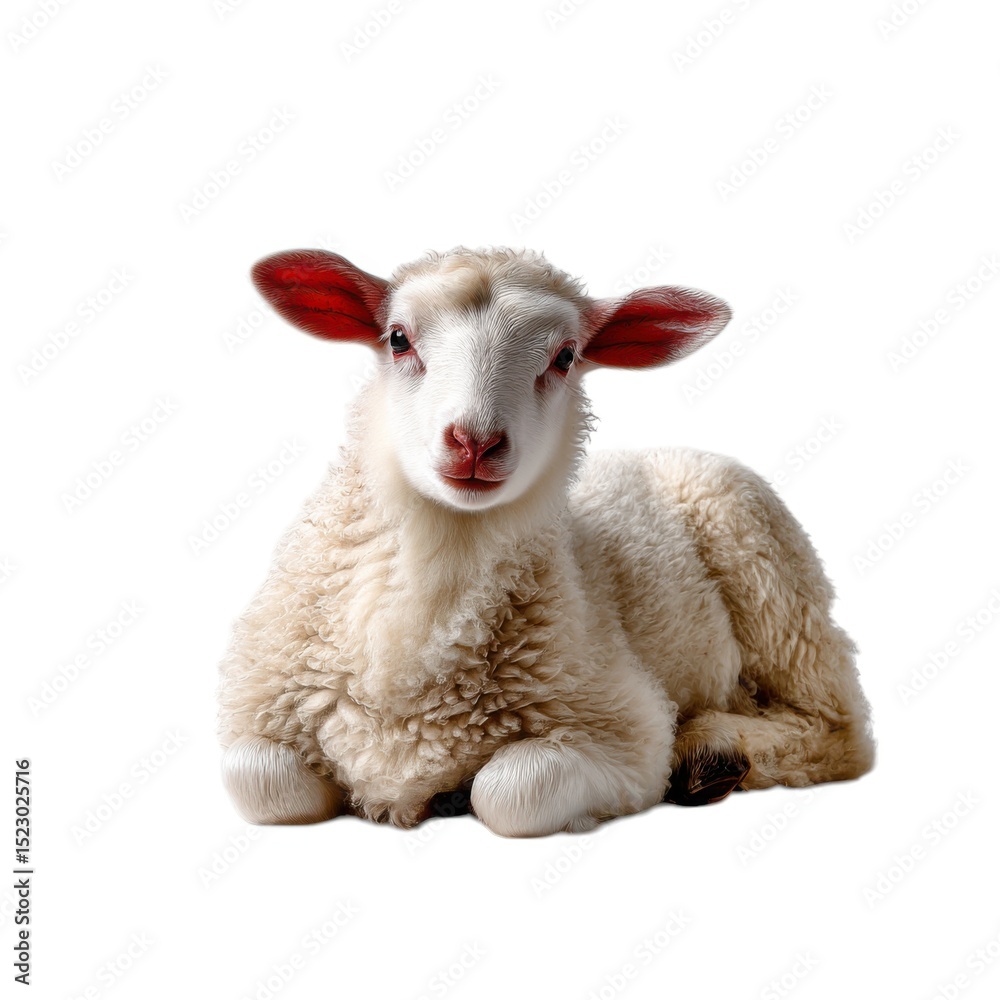 Fototapeta premium Cute lamb lying down isolated on white background