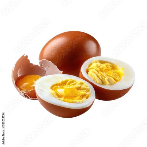 Hard boiled eggs and broken egg isolated on white background