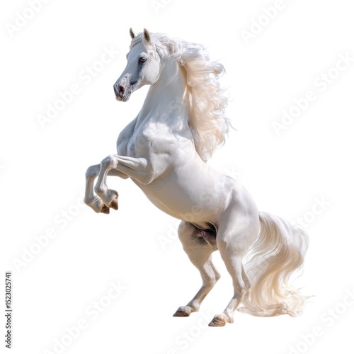 Majestic white horse rearing up isolated on white background