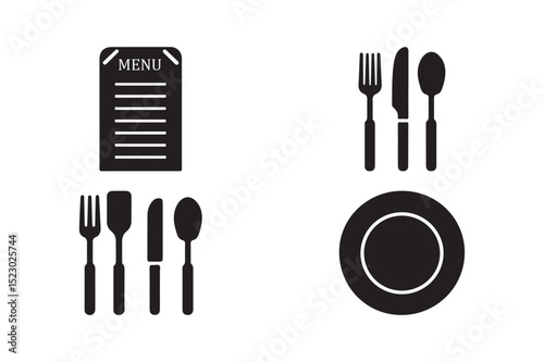 Restaurant and Dining Icons Menu, Cutlery, Utensils, and Plate Set
