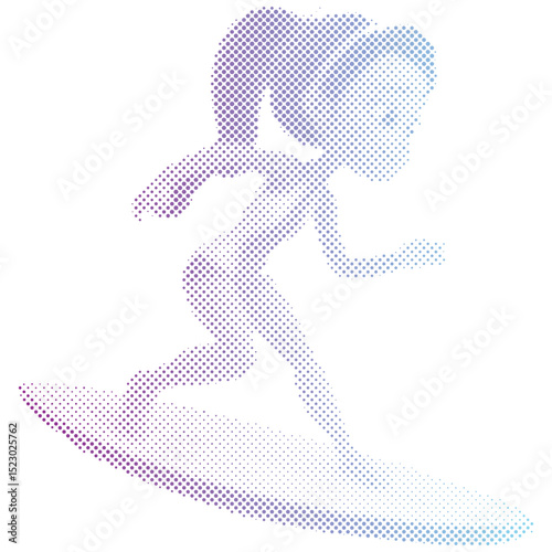 Halftone dots pattern of a surfer woman riding on the  ocean wave