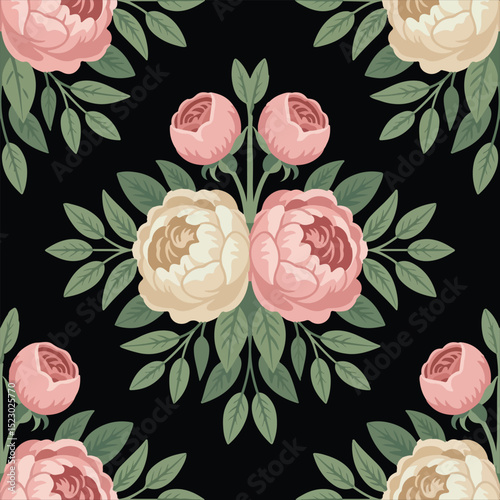 Seamless floral pattern with cream and pink peonies.