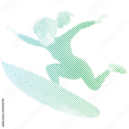 Halftone dots pattern of a surfer woman riding on the  ocean wave