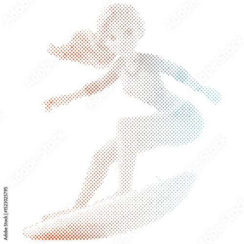 Halftone dots pattern of a surfer woman riding on the  ocean wave