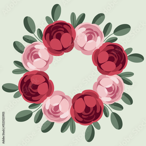 Floral wreath with red and pink camellias.