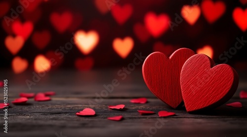 Romantic valentine s day scene with red wooden hearts