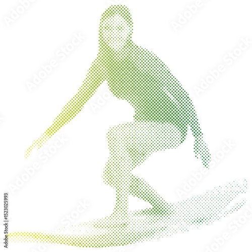 Halftone dots pattern of a surfer woman riding on the  ocean wave