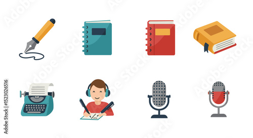 Writing and Recording Tools Pen Books Typewriter Microphones and Writer