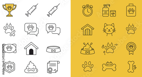Pet Care and Veterinary Line Icons on White and Yellow Backgrounds
