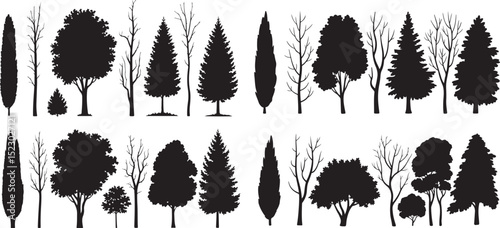 Set of 29 Tree Silhouette Vector Illustrations – Black Forest, Woodland, and Seasonal Tree Shapes for Nature and Landscape Design Projects