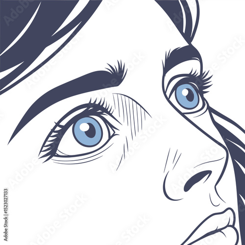 woman with blue eyes and black hair looking up in a white background