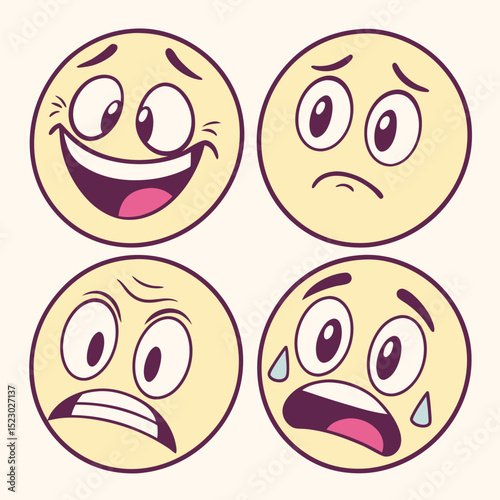 Four yellow cartoon emojis with different expressions, one laughing, one sad, one angry and one crying, isolated on a white background