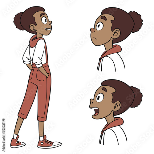 A black girl with a bun, wearing a white hoodie and red overalls, in a white background