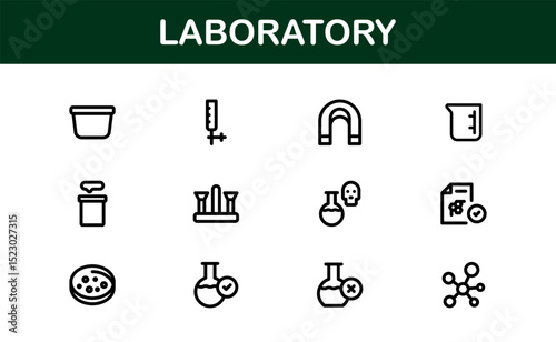 Laboratory Icon Set Featuring Scientific Equipment, Test Tubes, Microscopes, and Chemical Symbols