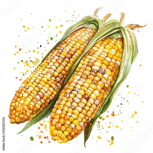 Roasted Corn Cob Spices, watercolor drawing vector, high quality, isolated on a white background.
