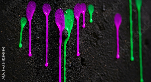 Vibrant Splashes Paint Streaks Flowing Down a Textured Dark Surface