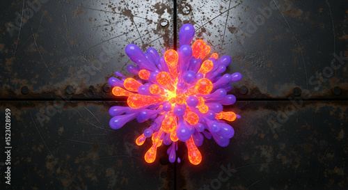 Vibrant Abstract Blob Explosion Against Rusted Metallic Paneling Backdrop