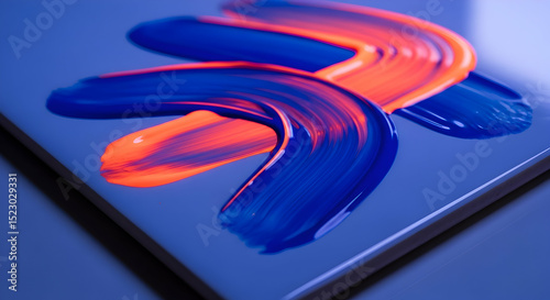 Abstract Fluid Art with Vibrant Orange and Indigo Brushstrokes on Smooth Surface
