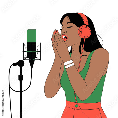 Talented female singer recording music in studio with microphone red song vocal voice audio