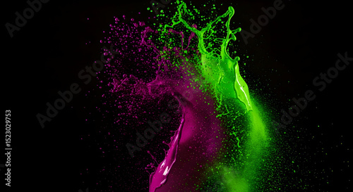 Dynamic Collision: Green and Purple Liquids Bursting On Black Backdrop