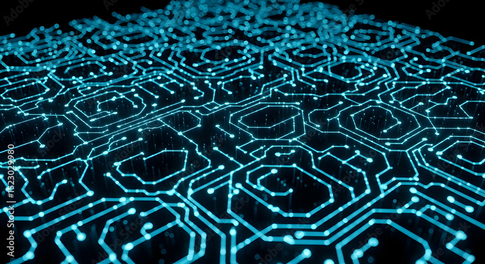 Obraz premium Abstract Glowing Circuit Board Design With Hexagons Pattern Illustration