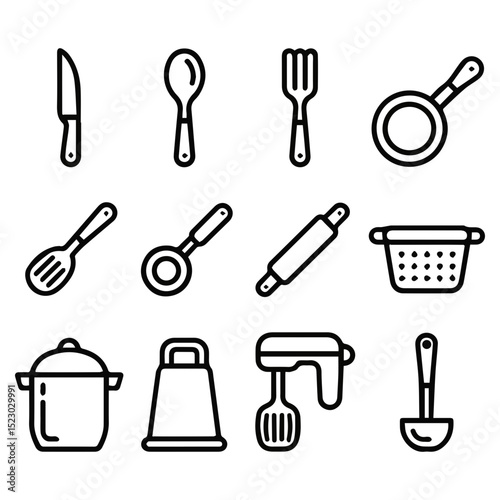 Simple line icons of kitchen utensils and cooking tools set food menu black white clean