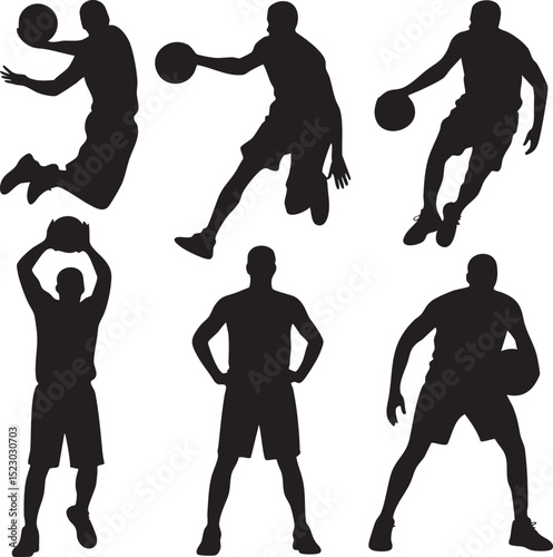 Six silhouettes of basketball players in action