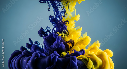Abstract Fusion Of Yellow And Purple Ink On An Aqueous Background