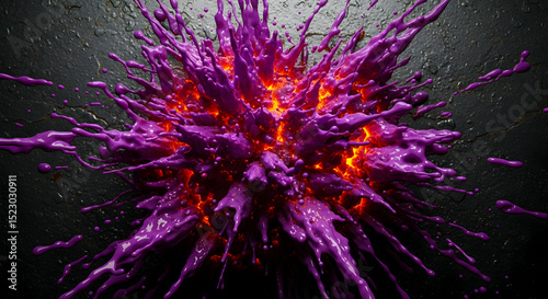 Dynamic Collision Of Hot Orange With Purple Liquid Splatter On Black Texture