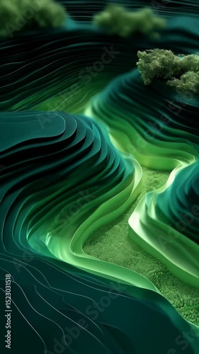 Abstract 3D layered landscape with undulating hills, a flowing valley, and a grainy texture in shades of dark and light greens, resembling a topographic map.