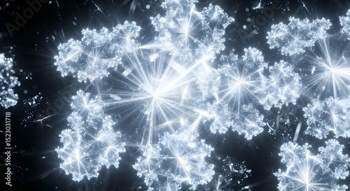 Radiant Winter: Geometric Snowflakes Fractal Design with Bursting Light Effects