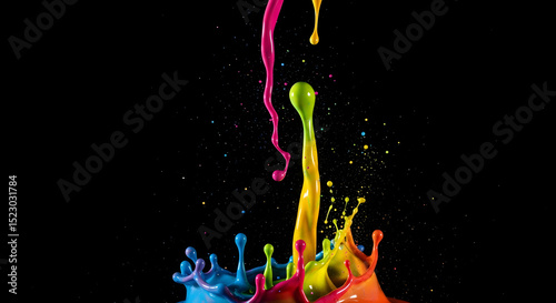 Colorful Paint Explosion Creating Dynamic Abstract Shapes On Black Background