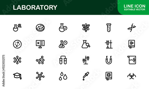 Laboratory Icon Set Featuring Scientific Equipment, Test Tubes, Microscopes, and Chemical Symbols
