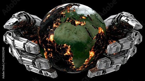 Metallic hands cradle the planet Earth, symbolizing environmental protection and global unity