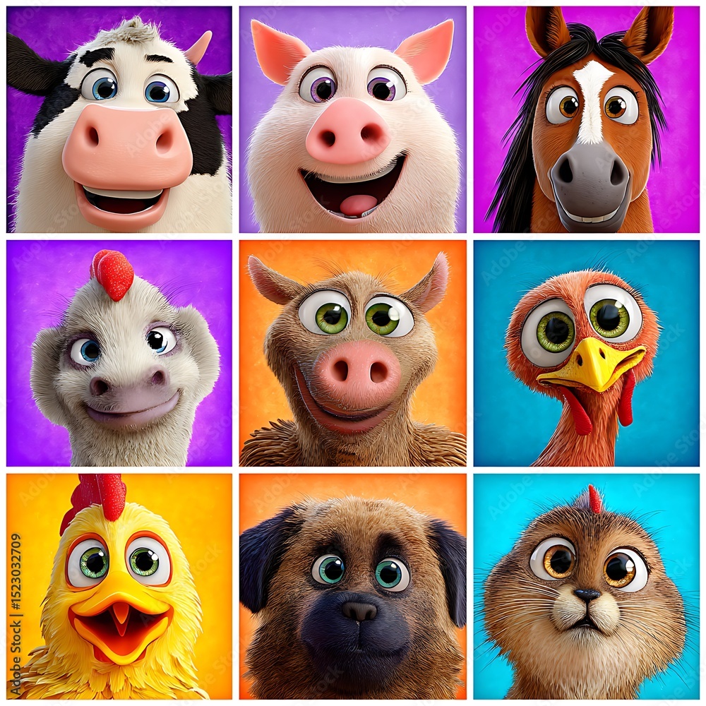 Fototapeta premium Cute and Colorful Cartoon Farm Animals Collection with Expressive Faces in Vibrant Backgrounds.